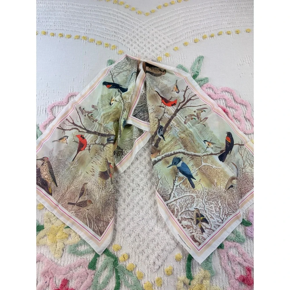 Vintage 1979 National Wildlife Federation Bird‎ Scarf Winter Nature Print 21x21